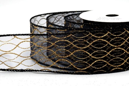 Zwart/goudkleurig glitterlint met ogee-raster en ijzerdraad_KW0472GC-53G-53